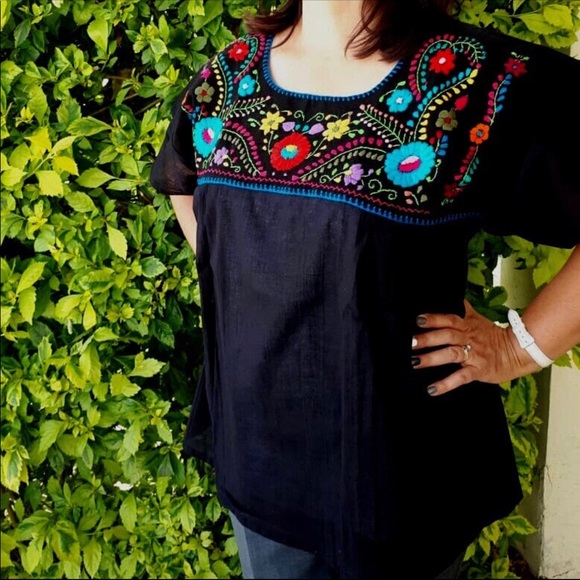 Handmade Tops - Mexican Blouse Plus Size Black Floral Embroidered